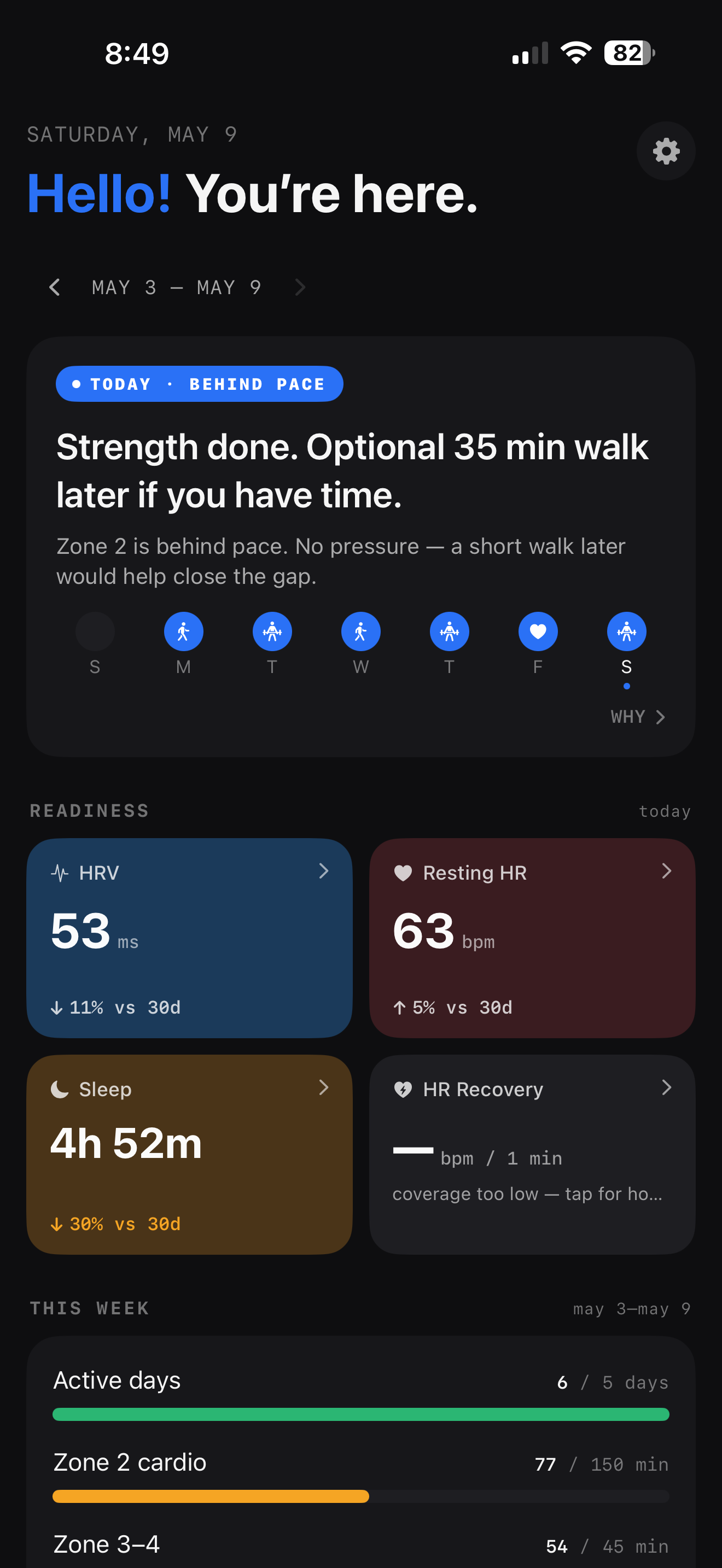 Home screen in dark mode showing readiness tiles with anomaly indicators on HRV, resting heart rate, and sleep