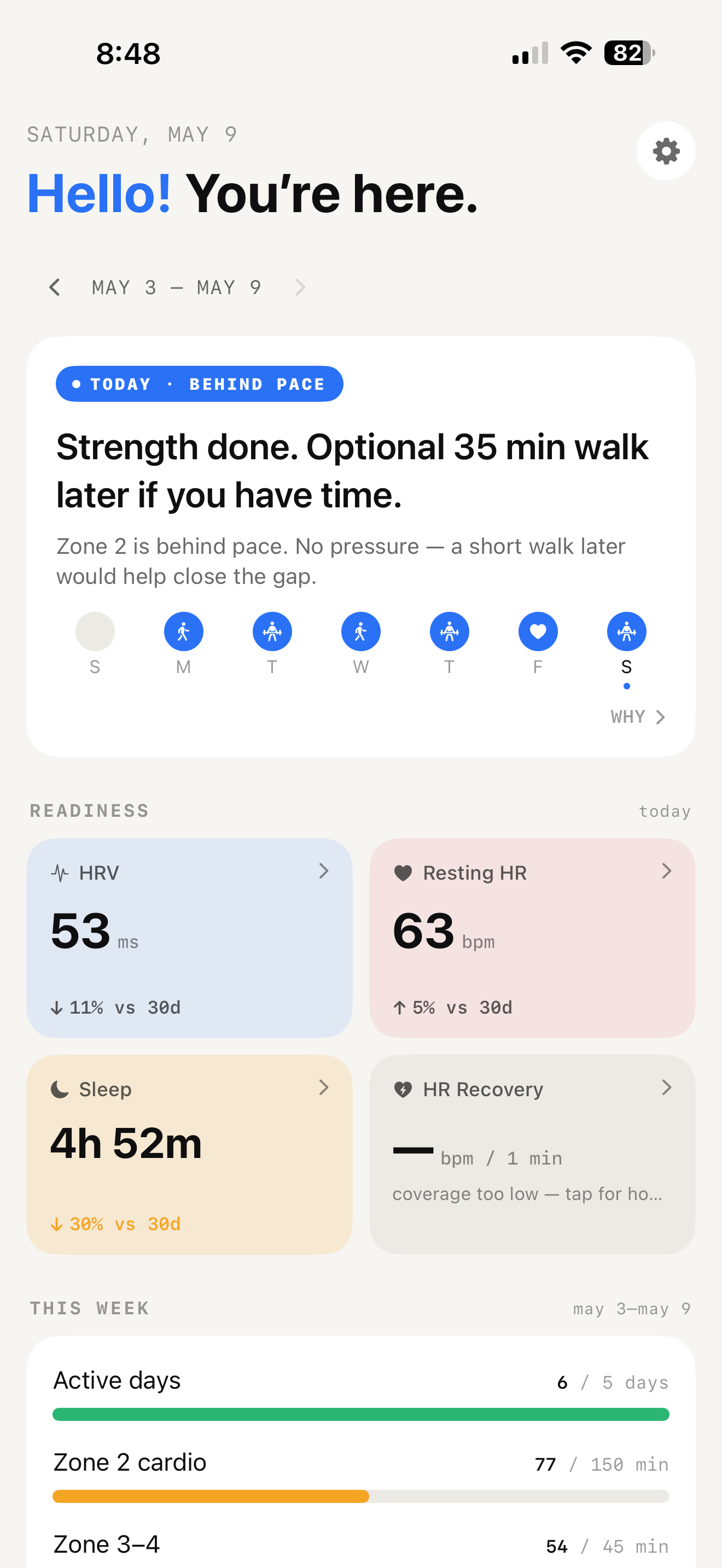 Form home screen showing today's recommendation, weekly progress strip, readiness tiles, and weekly totals