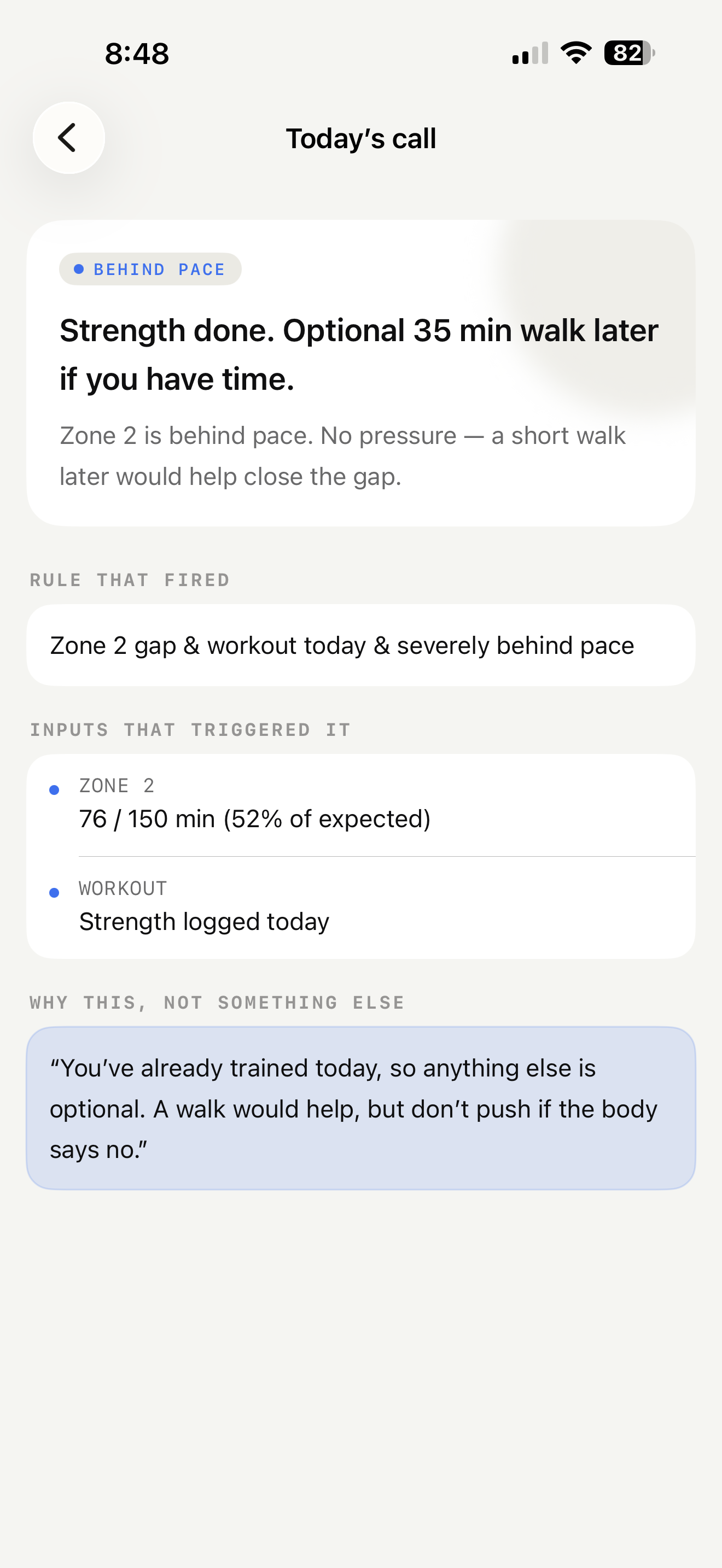Today's call drill-down view showing the rule that fired, inputs that triggered it, and the reasoning behind today's recommendation