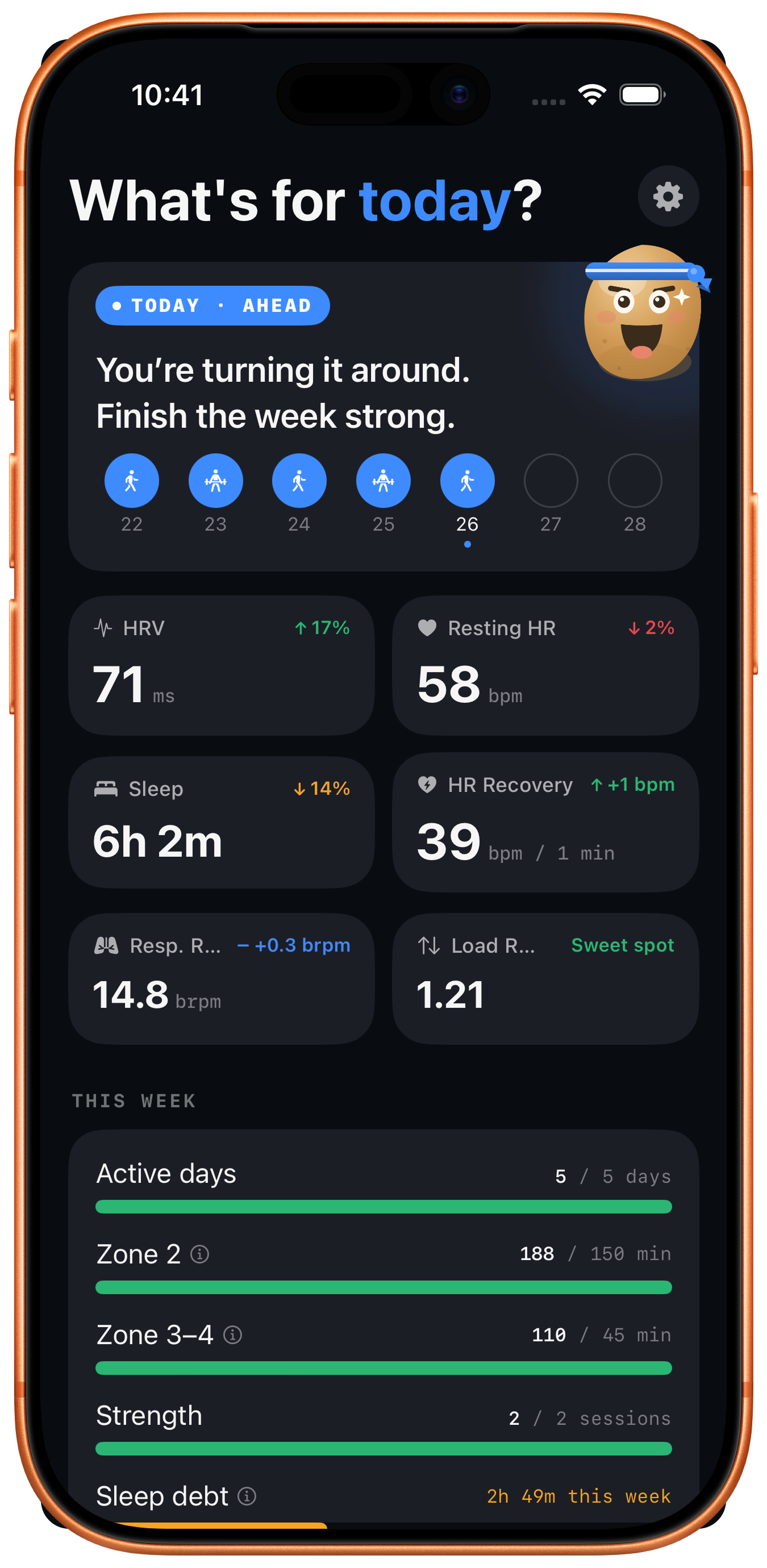 Home screen in dark mode showing readiness tiles with anomaly indicators on HRV, resting heart rate, and sleep