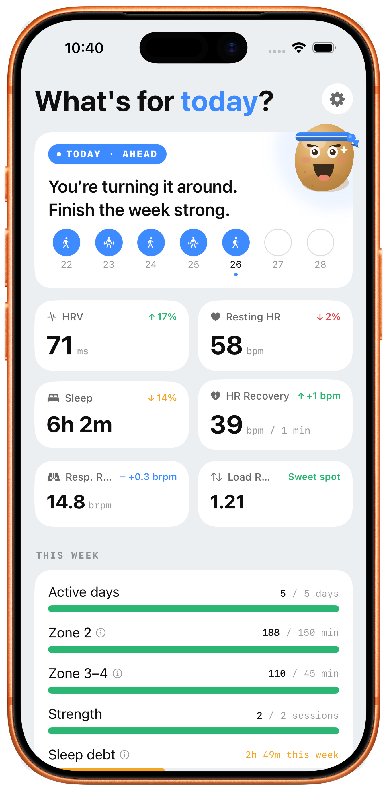 Form home screen showing today's recommendation, weekly progress strip, readiness tiles, and weekly totals
