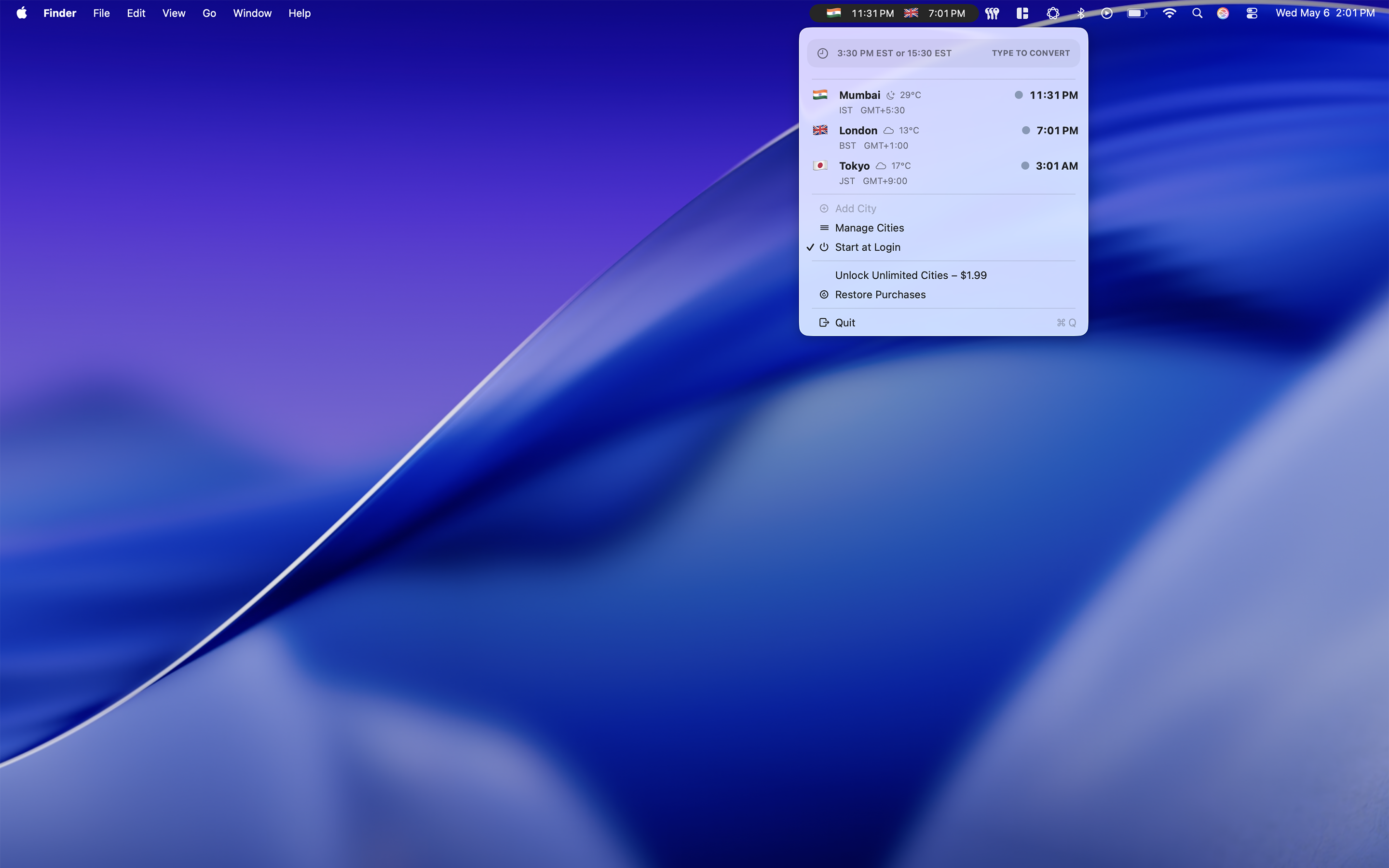 TimeZoneBuddy+ menu bar dropdown showing Mumbai, London and Tokyo with local times and weather